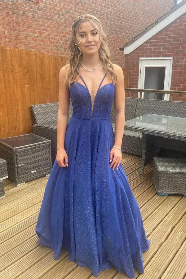 Vestidos de fiesta de noche con cola larga y escote en V brillante de corte A